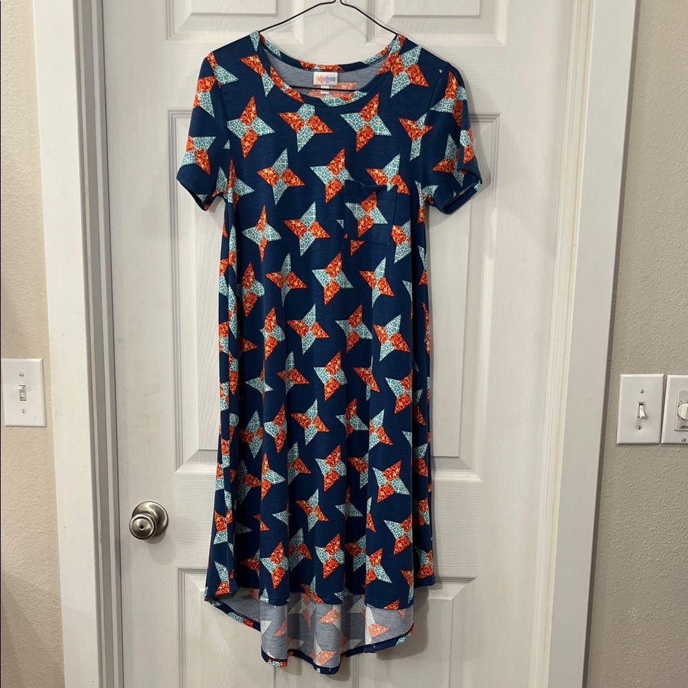 LuLaRoe High Low Dress with Blue and Orange Star Pattern